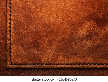 Hand Stitched Leather Showing Dark Brown Waxed Thread Closeup Full Frame Macro On Vegetable Tanned Top Grain
