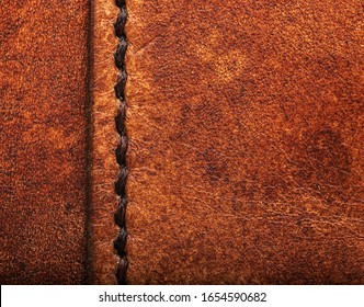 Hand Stitched Leather Showing Dark Brown Waxed Thread Closeup Full Frame Macro On Vegetable Tanned Top Grain
