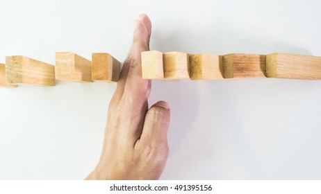 Hand Stop Domino Effect Top View Wooden Block On White Background