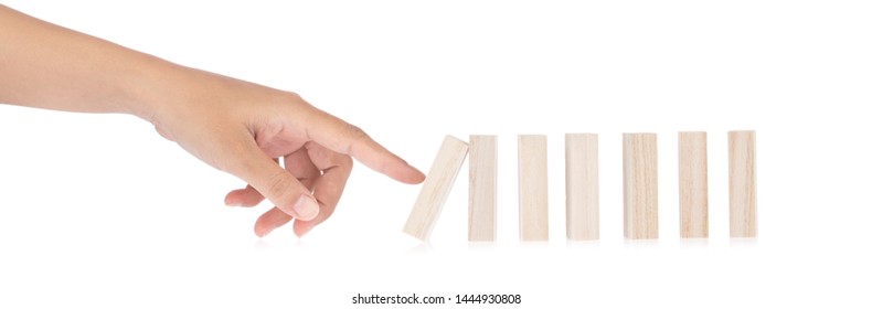  Hand Stopping Wooden Blocks Falling Isolated On White Background