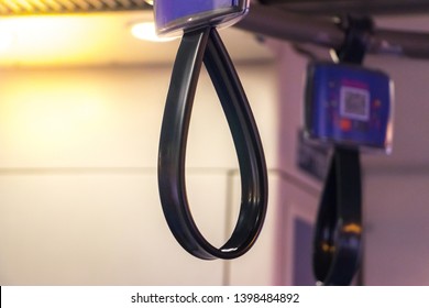 Hand Straps On Subway. Hand Grip Strap In BTS For The Safety Of Passenger Black Using Transportation. Subway Strap.