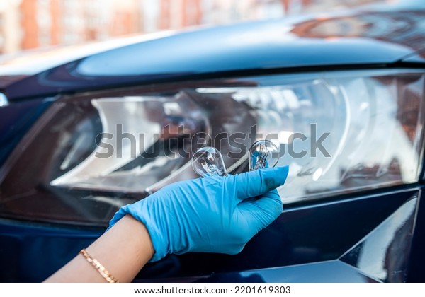 hand of a strong man mechanic hold halogen car\
lamps against the headlights and repair the car. car repair by a\
strong mechanic.