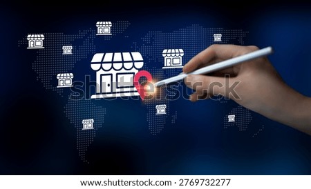 A hand with a stylus is selecting a store location on a digital map showing multiple shop icons, symbolizing business growth and online engagement opportunities. Gantry