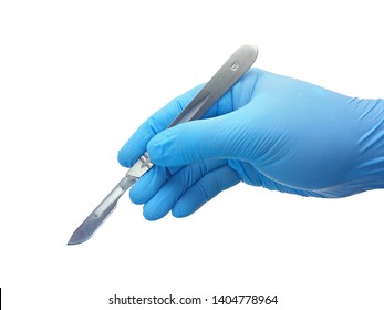 Hand Of Surgeon In Blue Medical Glove Holding A Scalpel With Blade Isolated On White Background With Clipping Path