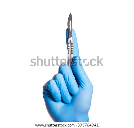Hand of surgeon in blue medical glove holding a scalpel, isolated on a white background