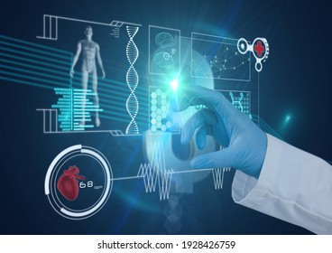 Hand in surgical glove touching screen with scientific data processing with human body and dna. global medicine science and technology concept digitally generated image.