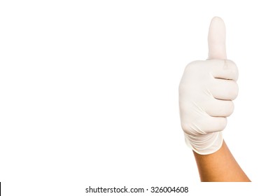 Hand In Surgical Latex Glove Gesture Thumbs Up Good.