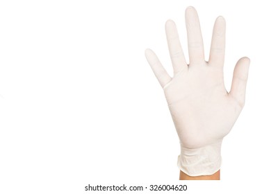 Hand In Surgical Latex Glove Gesture Number Five.