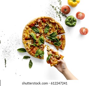 Hand Taking A Slice Of Italian Cuisine Pizza