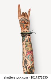 Hand With Tattoo Raised Isolated On Background