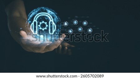 Hand of technical support operator working with computer virtual screen icon. Help desk IT support call center online technology. Customer service and business warranty quality assurance concept.
