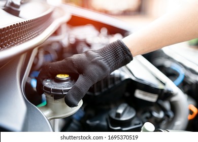 Hand Of Technician Checking Brake Fluid  In Engine Room Maintenance And Basic Service Concept Of The Car And Brake System 