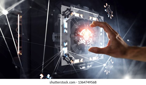 Hand and technology managing concept. Mixed media