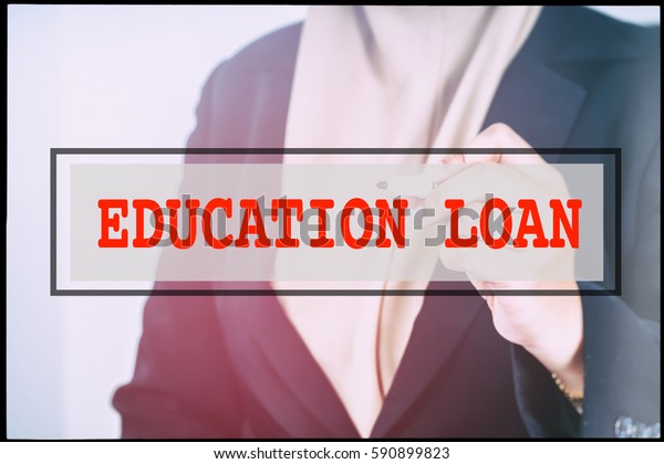 Hand and text  EDUCATION LOAN with vintage\
background. Technology\
concept.