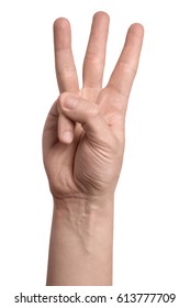 Hand With Three Fingers Up, Isolated On White Background