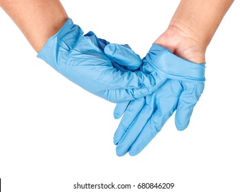 Hand Throwing Away Blue Disposable Gloves Medical, Isolated On White Background, Save Clipping Path. Infection Control Concept.