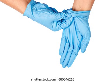 Hand Throwing Away Blue Disposable Gloves Medical, Isolated On White Background, Save Clipping Path. Infection Control Concept.