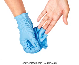 Hand Throwing Away Blue Disposable Gloves Medical, Isolated On White Background, Save Clipping Path. Infection Control Concept.