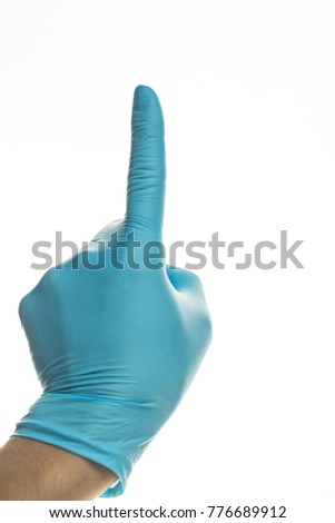 Hand throwing away blue and one  fingers up on white background