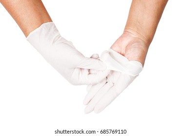 Hand Throwing Away White Disposable Gloves Medical, Isolated On White Background, Save Clipping Path. Infection Control Concept.