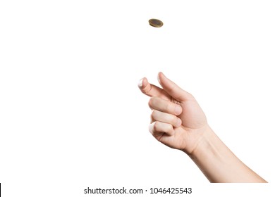Hand throwing up a coin, isolated on white background - Shutterstock ID 1046425543
