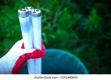 The hand throws the fluorescent lamps into the trash. Recycling of old office lamps. Throw away the fluorescent lamps. - Shutterstock ID 2191440693