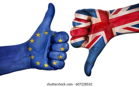  Hand with thumb up and down with the EU flag painted.  Symbol of Brexit and crisis in european union.