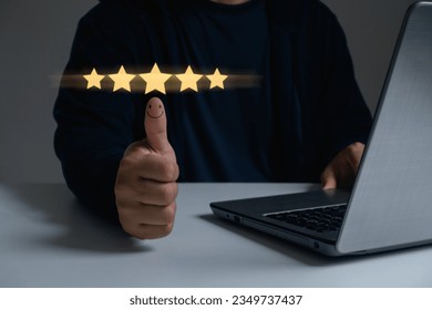 Hand with thumb up Positive emotion smile face icon and five star, review, feedback, recommend. Customer service, and satisfaction concept. Collect information from customers for business development.