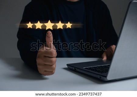 Hand with thumb up Positive emotion smile face icon and five star, review, feedback, recommend. Customer service, and satisfaction concept. Collect information from customers for business development.