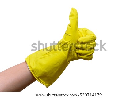 Hand thumb up in rubber yellow gloves for cleaning. Isolated on white background.