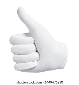 Hand with a thumb up in a white glove, isolated on white background