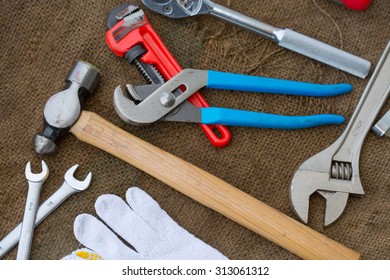 Hand Tools Set Or Work Tools Set Background, Tools In Industry Job For General Work Or Hard Work. 