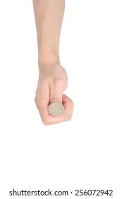 Hand Tossing A Coin, Isolated On White