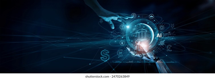 Hand touch AI banking network connecting with artificial intelligence technology to develop financial product in currency exchange, stock market trading and investment. Fintech innovation development.