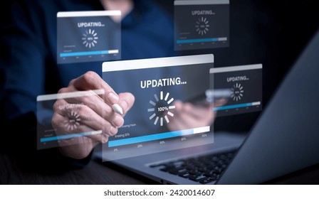 Hand touch bar of Update Software Computer Program Upgrade Business Technology Internet, Update on virtual screen. Internet and technology concept, loading bar with installing the update.