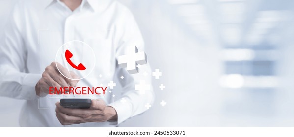 Hand touch button Emergency app in home, call phone, Chat message icon, Emergency application from smartphone for elderly, technology concept.Old hand touch mobile phone and call for help.