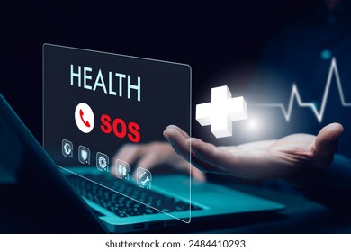 Hand touch button Emergency app in home, call phone, Chat message icon, Emergency application from smartphone for elderly, technology concept.Old hand touch mobile phone and call for help.