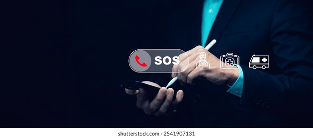 Hand touch button Emergency app in home, call phone, Chat message icon, Emergency application from smartphone for elderly, technology concept.Old hand touch mobile phone and call for help.