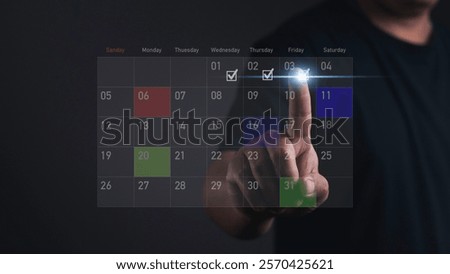 Hand touch Checklist Efficient Planning Calendar and Schedule Management for Business Goals Event agendas, appointments, and time organization to stay on track and achieve success.