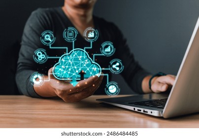 hand touch cloud computing diagram show on hand.Data storage.the use of online digital network technology in business, buying and selling commerce online digital marketplace