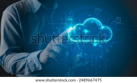 hand touch cloud computing diagram.Data storage.the use of online digital network technology in business, online digital marketplace.Cloud tech system sharing management for upload download transfer