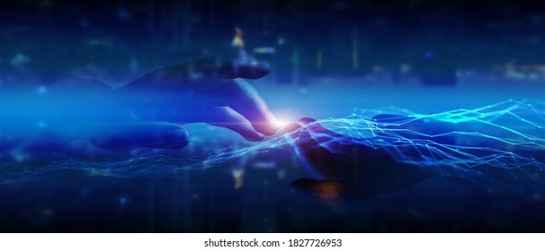 Hand touch connects business disruption partners handshake with world globe cityscape abstract view and futuristic network 5G connection blockchain leadership technology innovation digital transform  