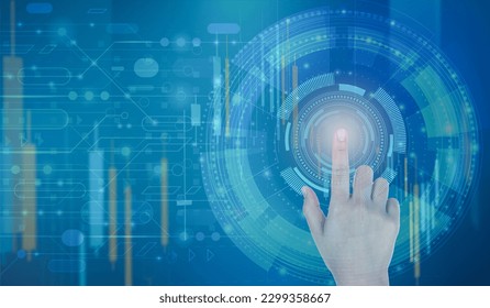 Hand touch digital hud interface futuristic technology background of virtual computer screen display ui future concept. Creating innovative technologies . Mixed media