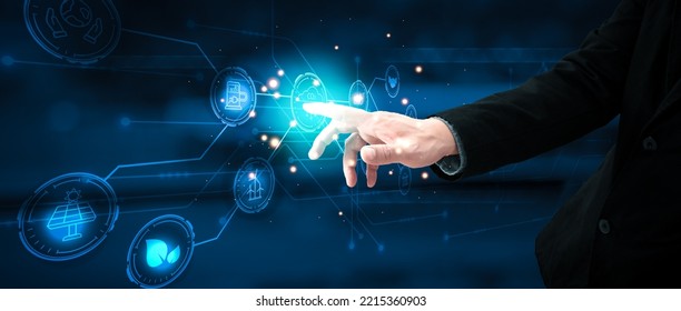 hand touch hologram screen to save energy, and reduce global warming, sustainable business investments,climate change, reducing greenhouse gas emissions, ESG for Environment Social and Governance. - Shutterstock ID 2215360903