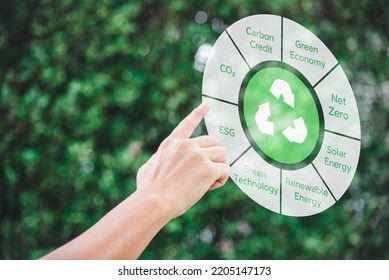 Hand Touch Icon Recycle Green Energy Carbon Credit Net Zero Esg Co2 Digital Technology On Green Background Concept.