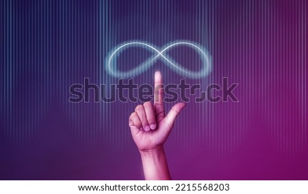 Hand touch metaverse infinite loop unlimited technology futuristic digital connection background of virtual reality cyberpunk world or internet game innovation cyber network and hologram experience.