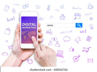 Hand Touch Mobile Phone With Digital Marketing Word With Search Box And Doodle Features  At White Background, Digital Marketing Business Concept