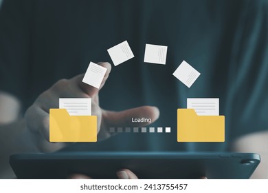 Hand touch on document for send file between folder on internet. Data migration, Data transfer, Backup data, Exchange of file on folder, DMS. Virtual document loading to another folder.