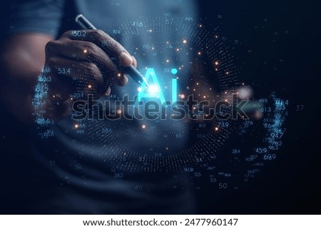 Hand touch on the virtual screen AI business database system processes online marketing investment plans That is connected as a network in the organization Concept of business base system development
