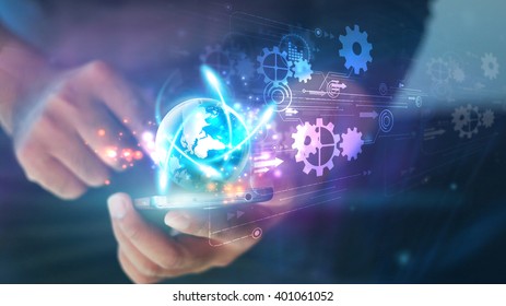 Hand touch screen smart phone.Digital technology concept,Social media - Powered by Shutterstock